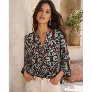 The Limited Women's S Burgundy Mint Paisley Blouse Roll Tab Sleeve V-Neck